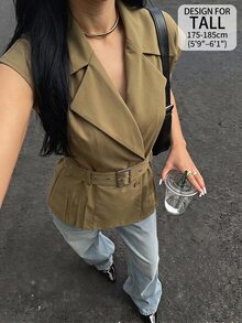 SHEIN Tall 女款高個子軍綠色無袖休閒工作西裝外套 - 橄欖綠 - 查看 5