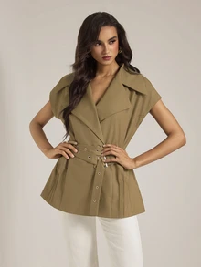 SHEIN Tall 女款高個子軍綠色無袖休閒工作西裝外套 - 橄欖綠 - 查看 8
