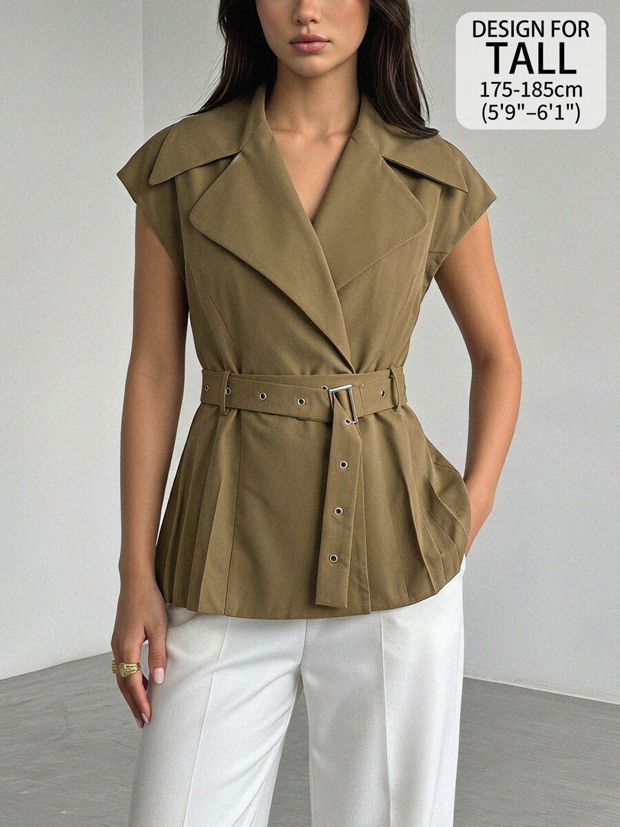 SHEIN Tall 女款高個子軍綠色無袖休閒工作西裝外套 - 橄欖綠 - 查看 1