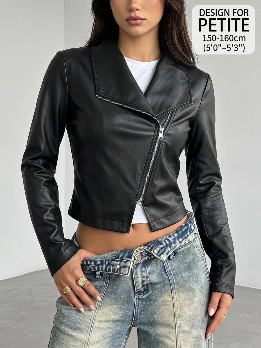 SHEIN PETITE Stylish Black PU Jacket For Petite Women – Suitable For Commuting And Business Wear - Black - View 1