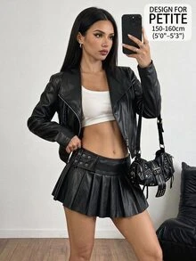SHEIN PETITE Stylish Black PU Jacket For Petite Women – Suitable For Commuting And Business Wear - Black - View 5