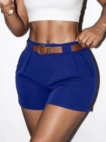 VaVaBold Women's Solid Color Pleated Shorts, Casual Everyday Wear - Royal Blue - View 2