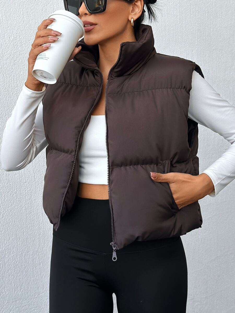SHEIN Tall Size Solid Dark Brown Zipper And Pocket Detailed Casual ...