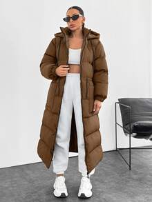 SHEIN Cottnline Waterproof, Keep Warm Feature, Double Colored Drawstring Detailed, Puffer Wintercoat - Camel - View 1