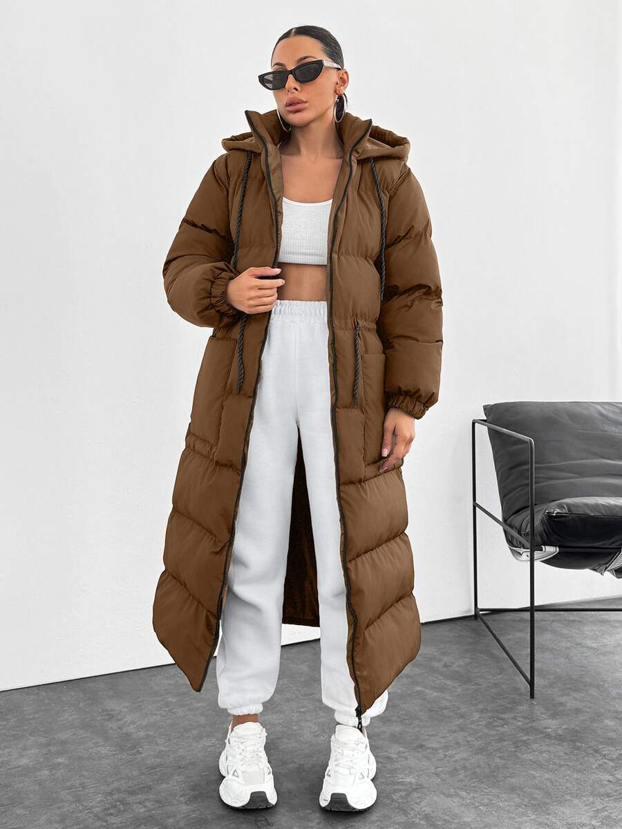 SHEIN Cottnline Waterproof, Keep Warm Feature, Double Colored Drawstring Detailed, Puffer Wintercoat - Camel - View 1