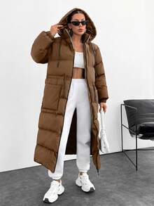 SHEIN Cottnline Waterproof, Keep Warm Feature, Double Colored Drawstring Detailed, Puffer Wintercoat - Camel - View 6