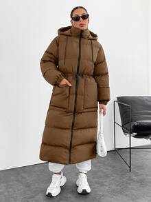 SHEIN Cottnline Waterproof, Keep Warm Feature, Double Colored Drawstring Detailed, Puffer Wintercoat - Camel - View 3