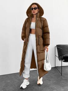 SHEIN Cottnline Waterproof, Keep Warm Feature, Double Colored Drawstring Detailed, Puffer Wintercoat - Camel - View 4