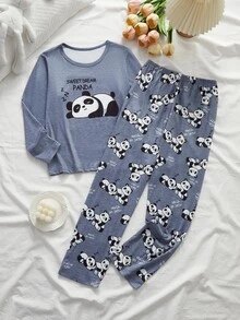 Tween Girl Cartoon Panda Print Short Sleeve Top And Long Pants Loungewear - Blue - View 10