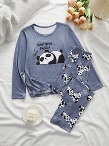 Tween Girl Cartoon Panda Print Short Sleeve Top And Long Pants Loungewear - Blue - View 4