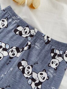 Tween Girl Cartoon Panda Print Short Sleeve Top And Long Pants Loungewear - Blue - View 7