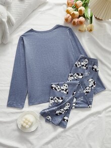 Tween Girl Cartoon Panda Print Short Sleeve Top And Long Pants Loungewear - Blue - View 5