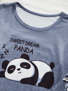 Tween Girl Cartoon Panda Print Short Sleeve Top And Long Pants Loungewear - Blue - View 6