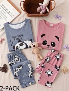 Tween Girl Cartoon Panda Print Short Sleeve Top And Long Pants Loungewear - Blue - View 1