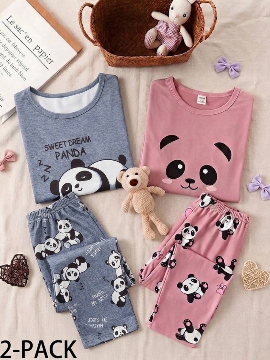 Tween Girl Cartoon Panda Print Short Sleeve Top And Long Pants Loungewear - Blue - View 1