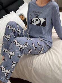 Tween Girl Cartoon Panda Print Short Sleeve Top And Long Pants Loungewear - Blue - View 2