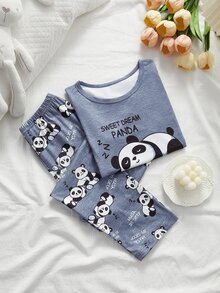 Tween Girl Cartoon Panda Print Short Sleeve Top And Long Pants Loungewear - Blue - View 3