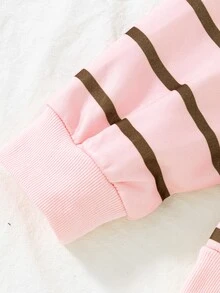 SHEIN 青少年女孩學院風條紋半拉鍊運動衫 馬刺繡落肩長袖四分之一拉鍊套頭上衣 - 彩色 - 查看 8
