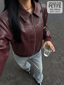 SHEIN Tall 女款純色PU皮革長袖拉鍊夾克 - 酒紅色 - 查看 1