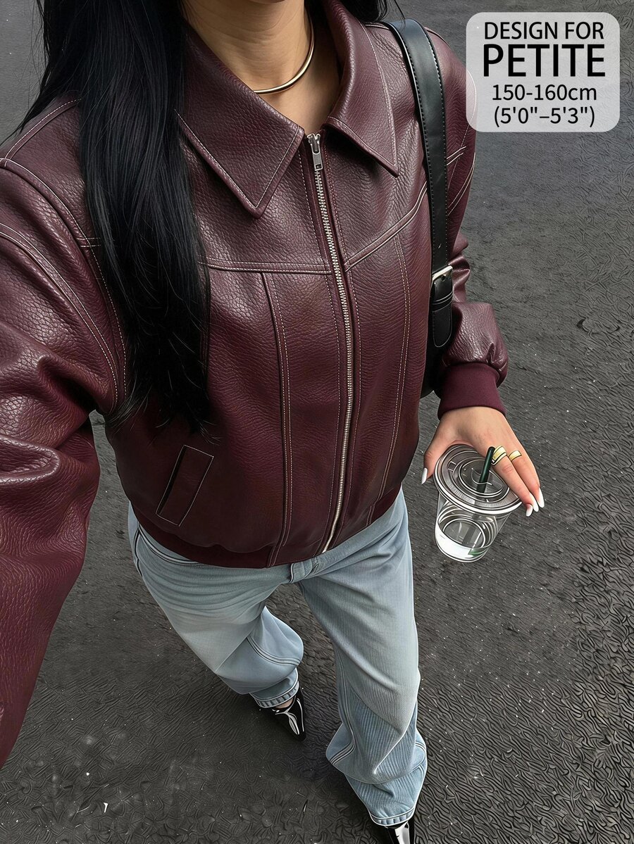 SHEIN Tall 女款純色PU皮革長袖拉鍊夾克 - 酒紅色 - 查看 1