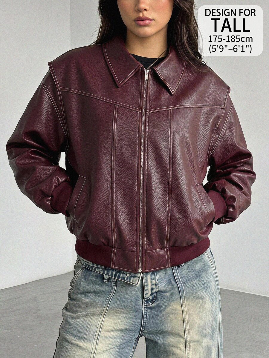 SHEIN Tall Women's Solid Color PU Leather Long Sleeve Zip-Up Jacket - Burgundy - View 1