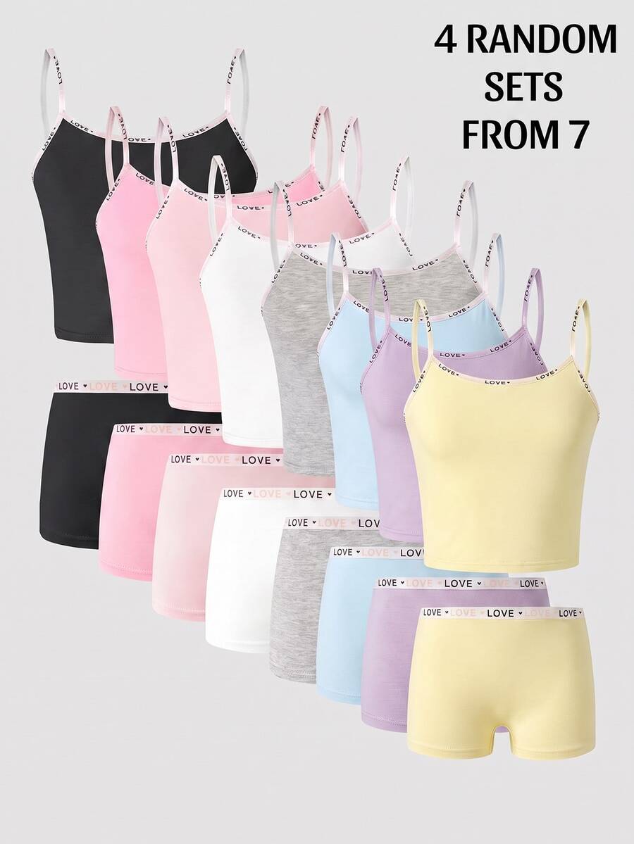 SHEIN 4 Pieces Girls' Underwear Set,Cotton Camisole & Panties,Solid Color & Rabbit Head Print,Shoulder Strap Design Plain Tank Set,Multipack - Multicolor - View 1
