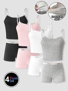 SHEIN 4 Pieces Girls' Underwear Set,Cotton Camisole & Panties,Solid Color & Rabbit Head Print,Shoulder Strap Design Plain Tank Set,Multipack - Multicolor - View 3