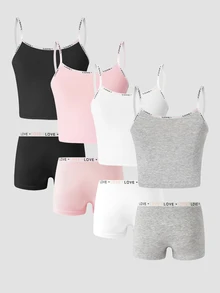 SHEIN 4 Pieces Girls' Underwear Set,Cotton Camisole & Panties,Solid Color & Rabbit Head Print,Shoulder Strap Design Plain Tank Set,Multipack - Multicolor - View 2