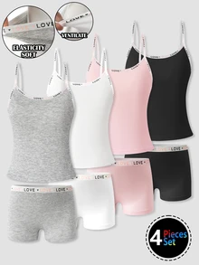 SHEIN 4 Pieces Girls' Underwear Set,Cotton Camisole & Panties,Solid Color & Rabbit Head Print,Shoulder Strap Design Plain Tank Set,Multipack - Multicolor - View 4