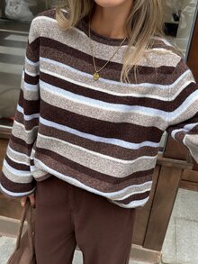 SHEIN Frenchy Autumn/Winter Casual Color-Block Striped Sweater,Fall/Winter Elegant Formal Luxury Business Chic Basic Christmas Back To School Festival - Apricot - View 5