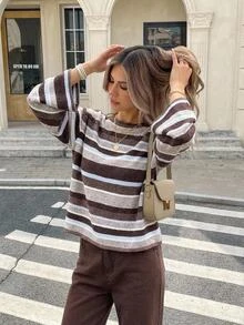 SHEIN Frenchy Autumn/Winter Casual Color-Block Striped Sweater,Fall/Winter Elegant Formal Luxury Business Chic Basic Christmas Back To School Festival - Apricot - View 8