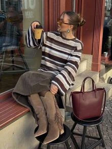 SHEIN Frenchy Autumn/Winter Casual Color-Block Striped Sweater,Fall/Winter Elegant Formal Luxury Business Chic Basic Christmas Back To School Festival - Apricot - View 9