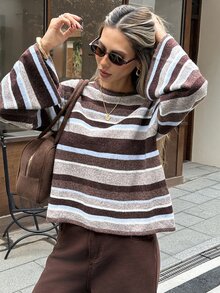 SHEIN Frenchy Autumn/Winter Casual Color-Block Striped Sweater,Fall/Winter Elegant Formal Luxury Business Chic Basic Christmas Back To School Festival - Apricot - View 4