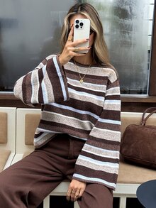 SHEIN Frenchy Autumn/Winter Casual Color-Block Striped Sweater,Fall/Winter Elegant Formal Luxury Business Chic Basic Christmas Back To School Festival - Apricot - View 6