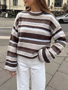 SHEIN Frenchy Autumn/Winter Casual Color-Block Striped Sweater,Fall/Winter Elegant Formal Luxury Business Chic Basic Christmas Back To School Festival - Apricot - View 11