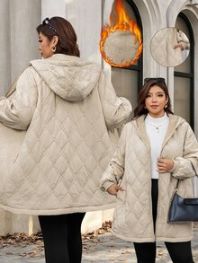 SHEIN Clasi Plus Size Thermal Lined Fashion Hooded Jacket - Khaki - View 1