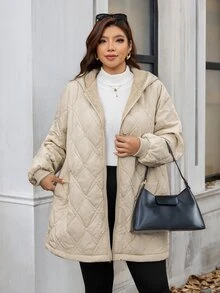 SHEIN Clasi Plus Size Thermal Lined Fashion Hooded Jacket - Khaki - View 6