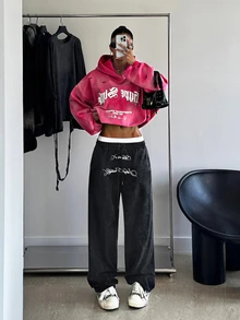 Muchica Letter Graphic Drawstring Waist Pants - Black - View 2