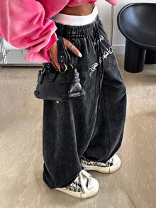 Muchica Letter Graphic Drawstring Waist Pants - Black - View 4