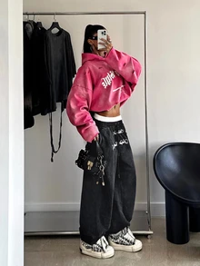 Muchica Letter Graphic Drawstring Waist Pants - Black - View 3