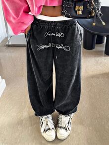 Muchica Letter Graphic Drawstring Waist Pants - Black - View 5