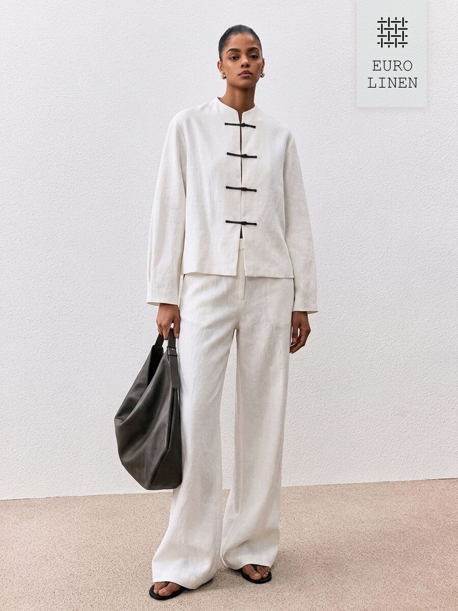 ATUI Studio Kemeja Lengan Panjang Linen Kancing Katak Gaya Cina Baru untuk Wanita, Longgar Kasual, Desain Niche, Kardigan Vintage Gaya Cina Retro, Atasan Pelindung Matahari - Putih - View 1