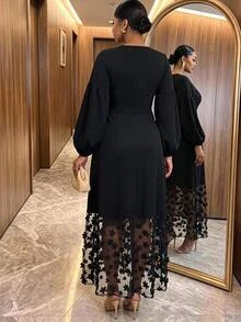 SHEIN Lady CURVE Plus Size Elegant 3D Floral Decor Mesh Patchwork Dress Party Formal Evening Black Spring - Black - View 2