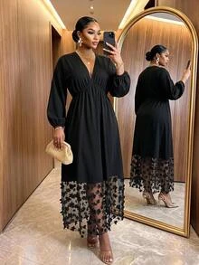 SHEIN Lady CURVE Plus Size Elegant 3D Floral Decor Mesh Patchwork Dress Party Formal Evening Black Spring - Black - View 1