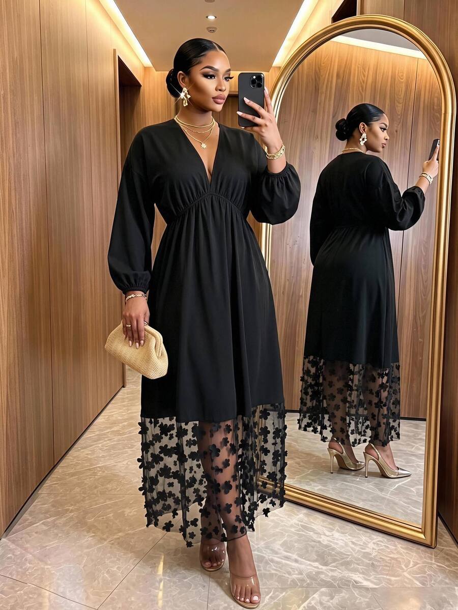 SHEIN Lady CURVE Plus Size Elegant 3D Floral Decor Mesh Patchwork Dress Party Formal Evening Black Spring - Black - View 1