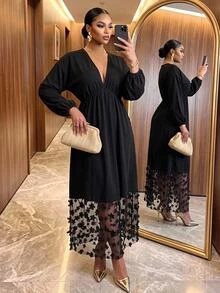 SHEIN Lady CURVE Plus Size Elegant 3D Floral Decor Mesh Patchwork Dress Party Formal Evening Black Spring - Black - View 4