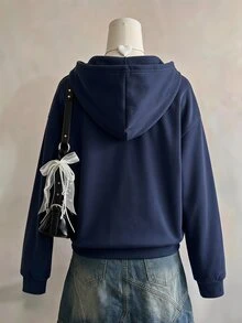 SHEIN 秋冬女款連帽拉鍊外套 街頭休閒風 針織面料 微鬆版型 校園風 海軍藍 - 藍色 - 查看 2