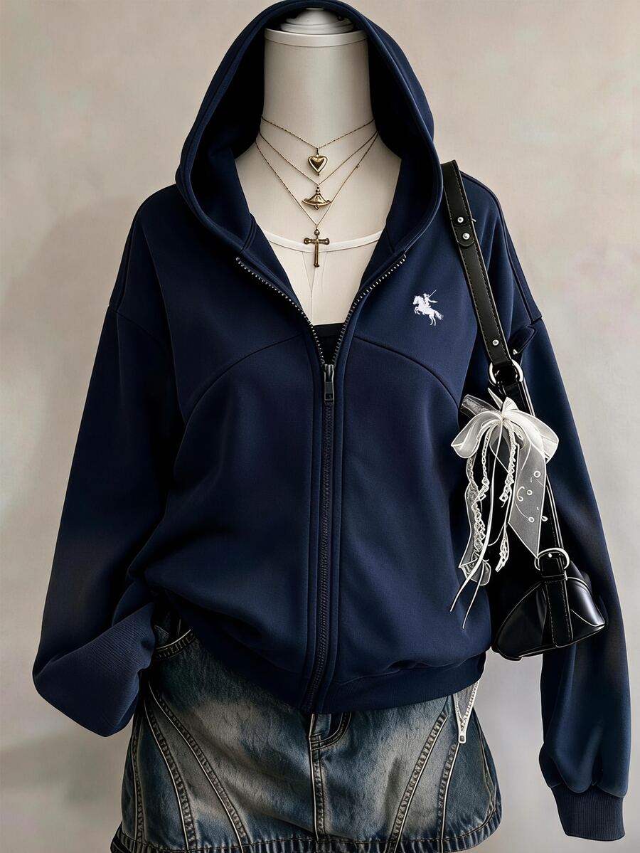 SHEIN 秋冬女款連帽拉鍊外套 街頭休閒風 針織面料 微鬆版型 校園風 海軍藍 - 藍色 - 查看 1