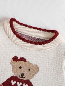 SHEIN 女嬰針織套頭毛衣，柔軟舒適，蕾絲飾邊，提花熊與愛心圖案，紅色與杏色，可愛卡通風，時尚百搭，適合冬季、春季、秋季，日常休閒、派對、旅行、假日、戶外玩耍 - 米色 - 查看 5
