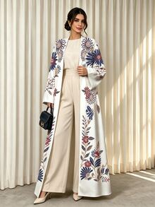 SHEIN Najma 女款仿刺繡花卉印花阿巴雅長袍，秋冬時尚開襟寬袖喇叭袖直筒長版外衣，適合日常街頭穿搭、晚宴派對造型 - 彩色 - 查看 4